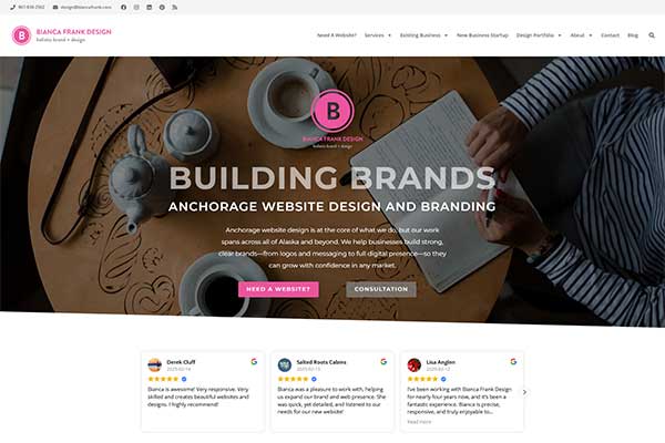 Bianca Frank Design website, Anchorage Alaska web design and branding agency specializing in artistic custom websites